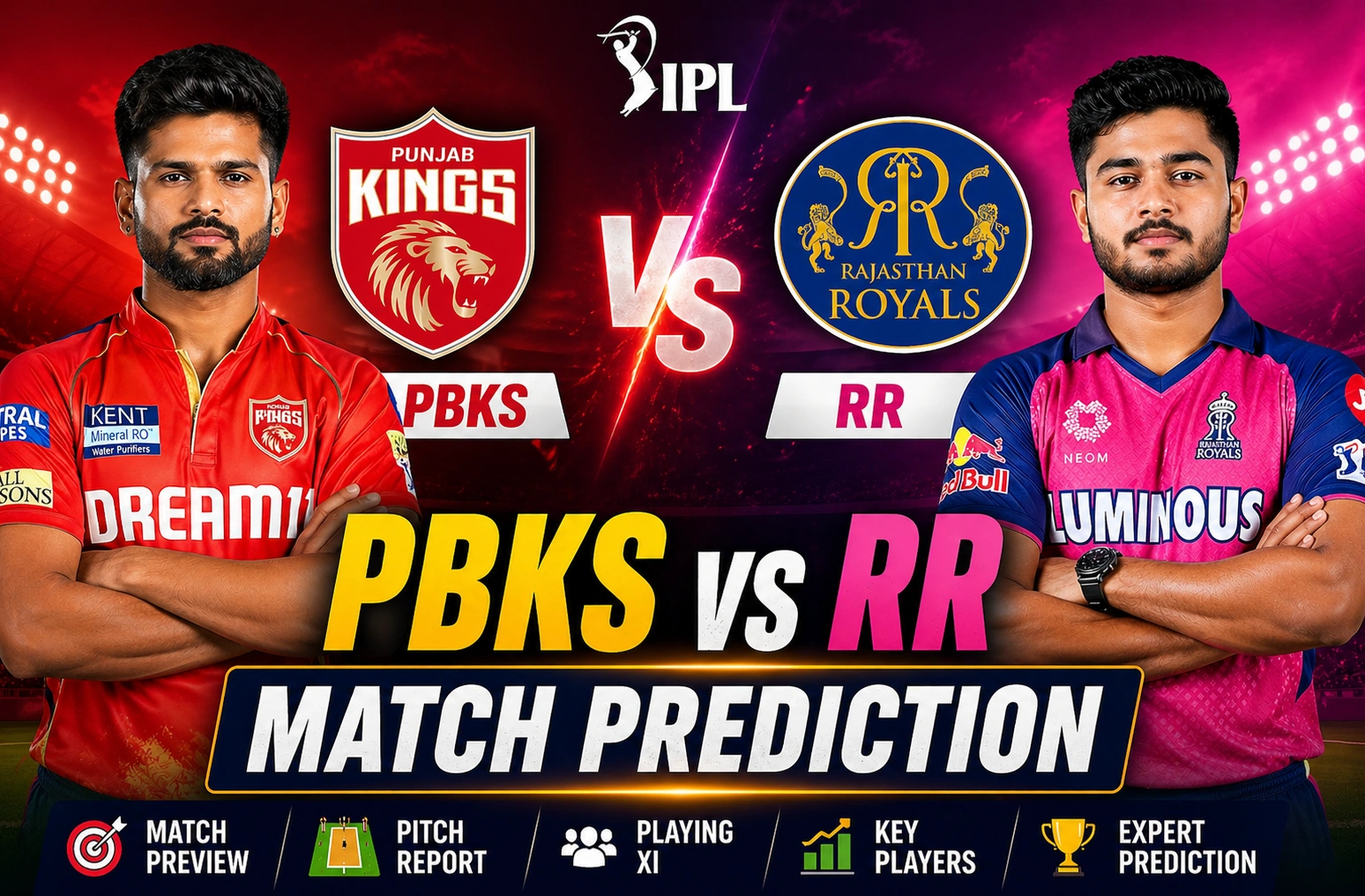 PBKS vs RR match prediction poster featuring Punjab Kings captain Shreyas Iyer and Rajasthan Royals captain Riyan Parag with team logos and bold text “PBKS vs RR Match Prediction” for IPL match preview.