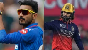 A split-screen image for the upcoming DC vs RCB match. The left side features Delhi Capitals' Axar Patel in a blue jersey wearing sunglasses, while the right side shows Royal Challengers Bengaluru's Rajat Patidar in a red and black kit with a gold helmet.